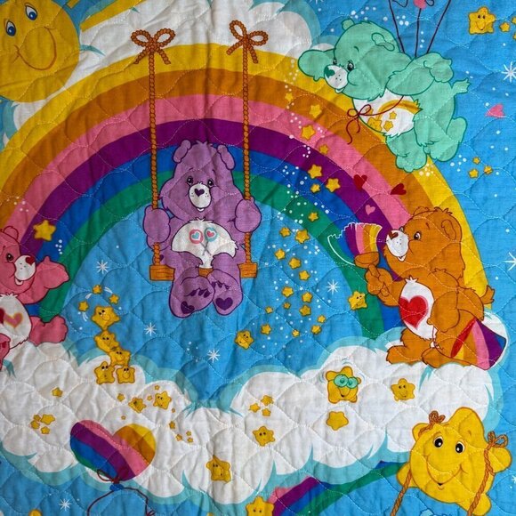VTG Handmade Care Bears Baby Blanket Quilt Mat Newborn Infant Flannel 32”x 41” - Picture 3 of 5
